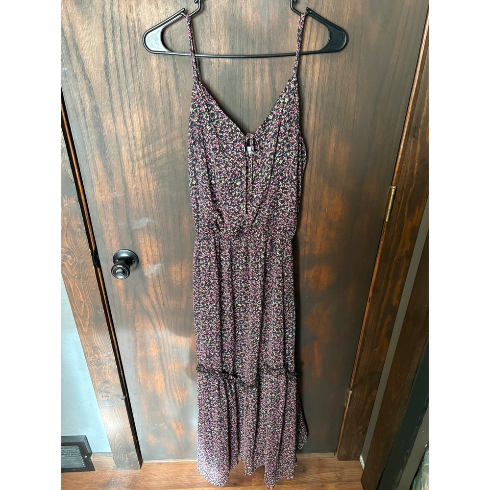 Allison Joy Floral Maxi Dress Womens Medium Black Pink Ditsy Tiered Boho Strappy